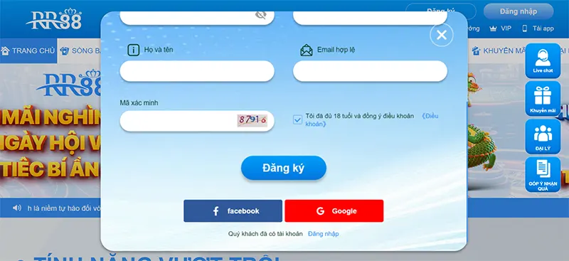 Bạn có thể đăng ký RR88 trực tiếp hoặc sử dụng tài khoản Gmail hoặc Facebook để đăng ký tài khoản